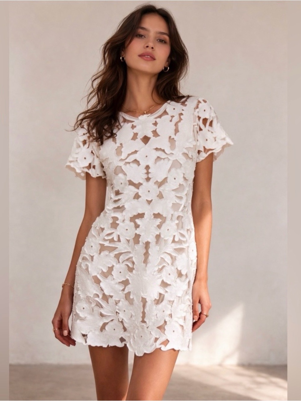 BHLDN White Floral Appliqué Short Sleeve Wedding Dress - Picture 6 of 6